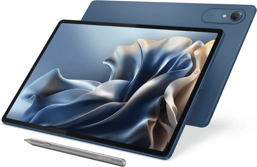 Motorola Moto Pad 70 Pro, front and back together at an angle, with the Moto Pen Pro