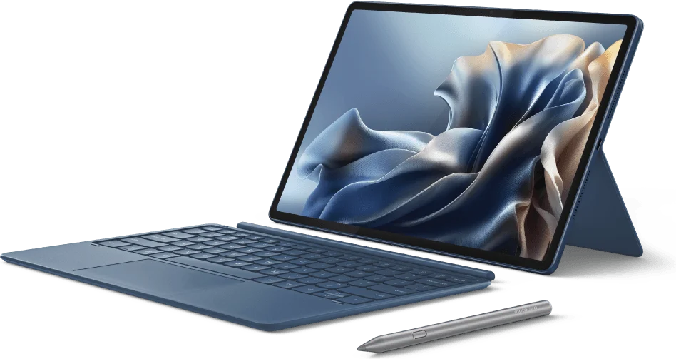 Motorola Moto Pad 70 Pro, on the detachable keyboard with its kickstand open, pen alongside