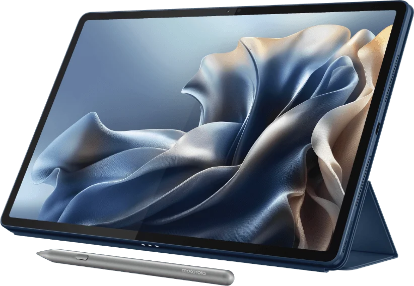 Motorola Moto Pad 70 Pro, standing on the folded keyboard cover, with the pen in front