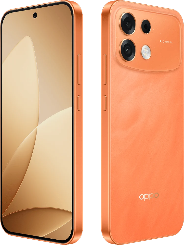 OPPO F35 Pro 5G, in Sunrise Orange, front and back at an angle