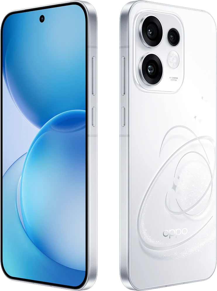 OPPO Reno16 5G, in Starry White, front and back at an angle