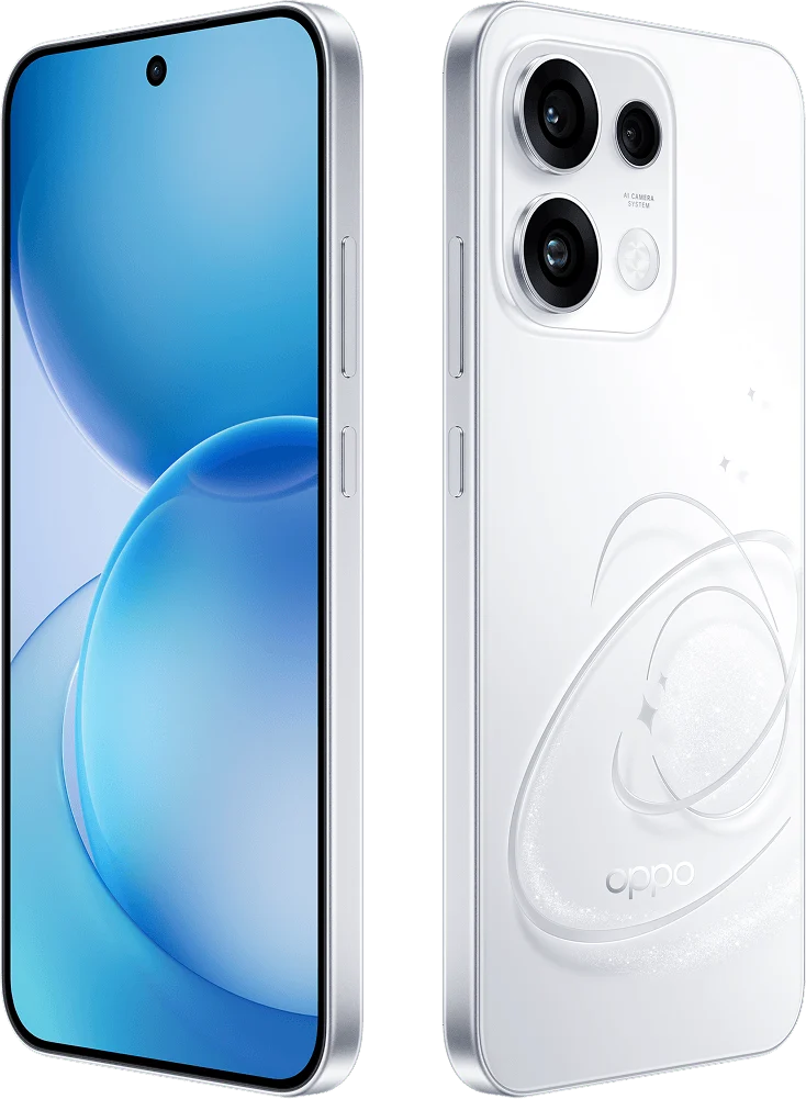 OPPO Reno16c 5G, in Starry White, front and back at an angle