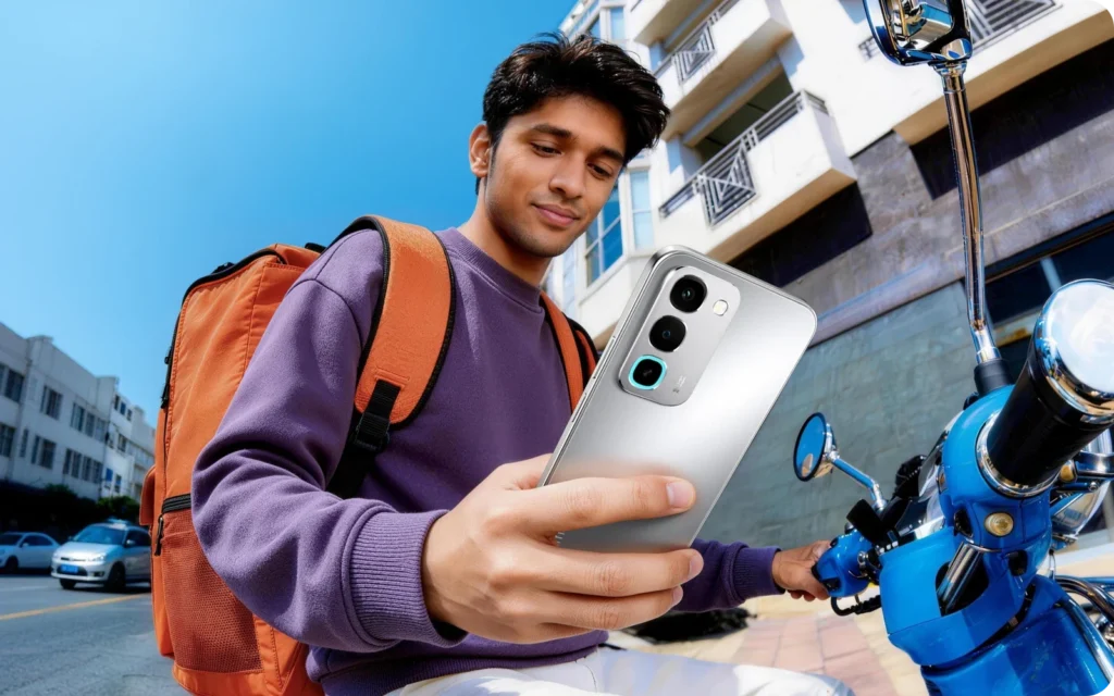 realme P4R 5G, held by a man with a backpack