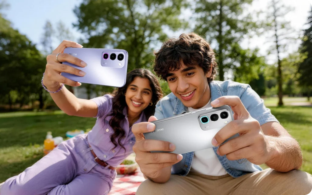 realme P4R 5G, taking a selfie in a park