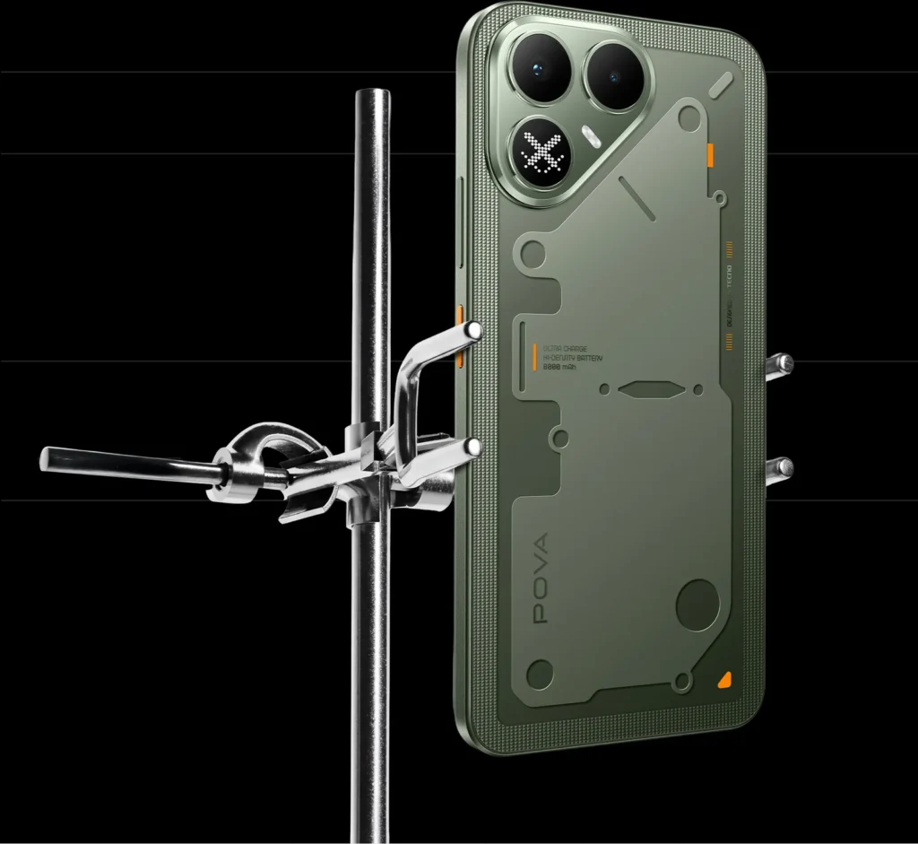 TECNO POVA 8 5G, in Terminal Green, from the back on a lab stand