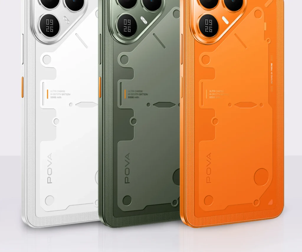 TECNO POVA 8 5G, in 16 Bit White, Terminal Green and Plasma Orange, from the back