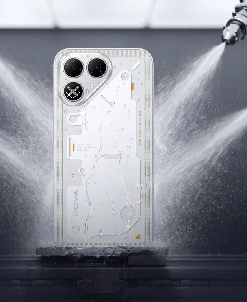 TECNO POVA 8 5G, in 16 Bit White, sprayed with water jets