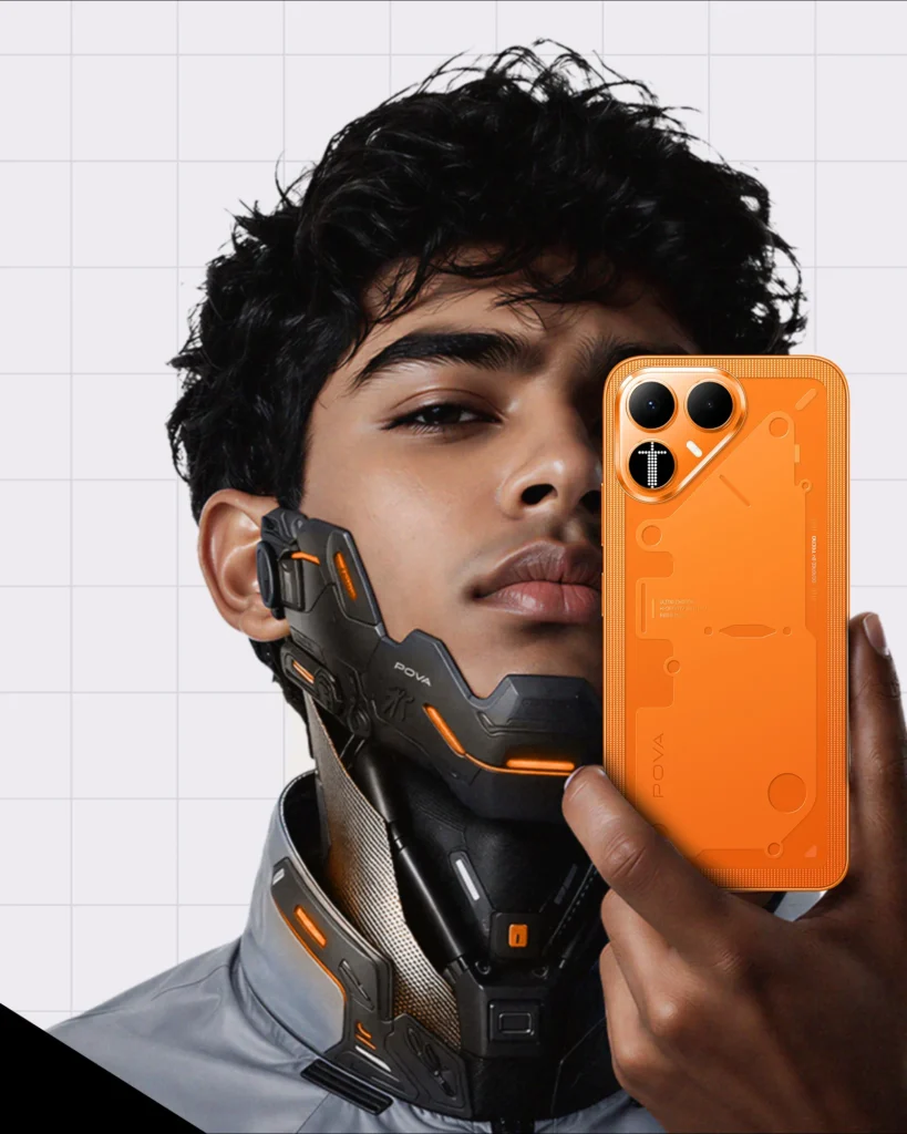 TECNO POVA 8 5G, in Plasma Orange, held up to a face