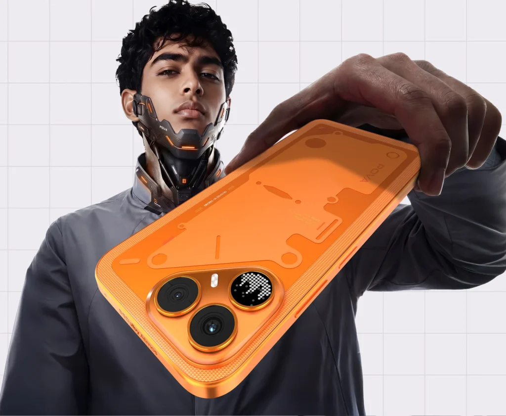 TECNO POVA 8 5G, in Plasma Orange, held out at arm's length