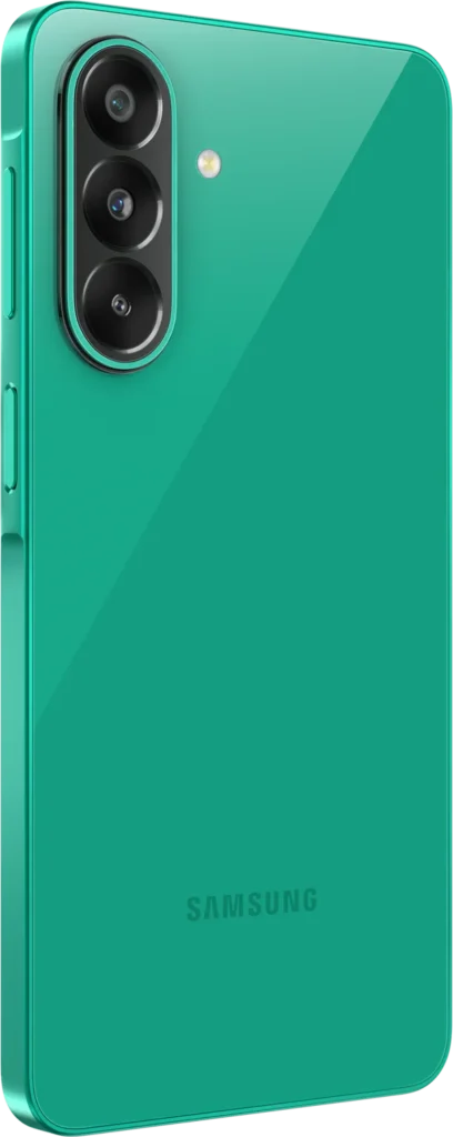 Samsung Galaxy F70 Pro 5G, in Aura Green, at an angle