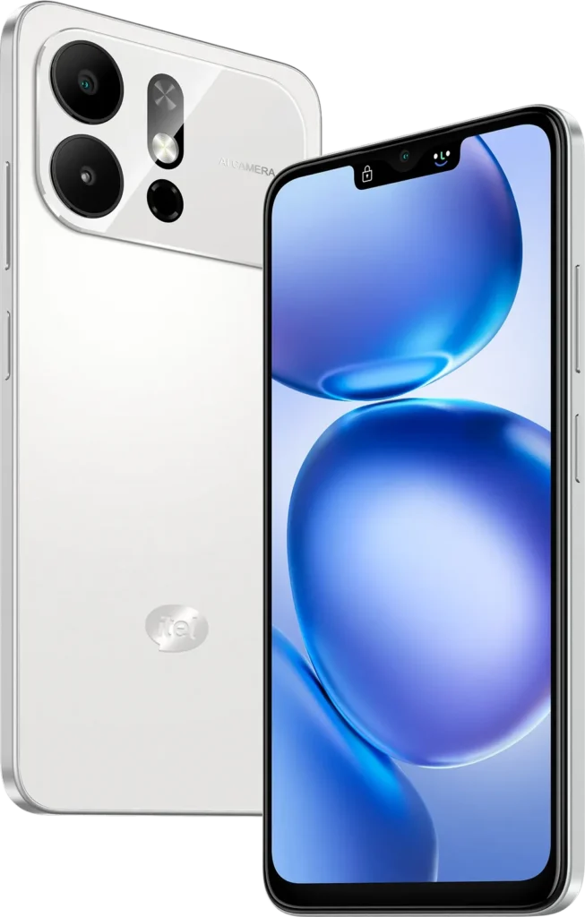 itel Zeno 100 Pro, in Cloud White, back and front at an angle