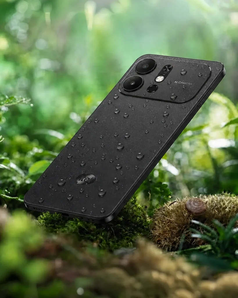 itel Zeno 100 Pro, in Natural Black on wet moss