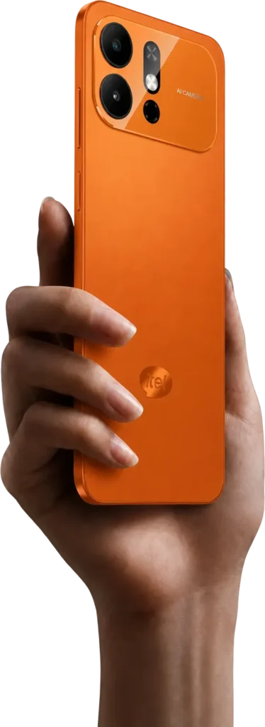 itel Zeno 100 Pro, in Comet Orange, held up in one hand