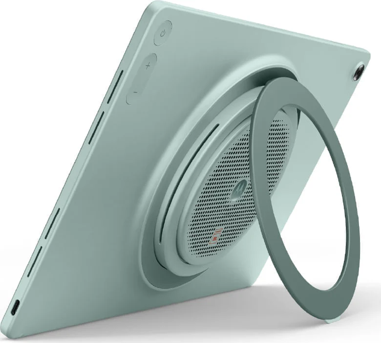 Motorola Moto Pad 70 Groove, from the back, standing on its round metal kickstand