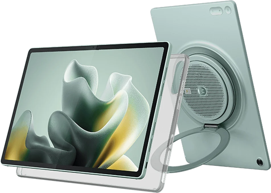 Motorola Moto Pad 70 Groove, front in the clear case on its kickstand, with a second one seen from the back