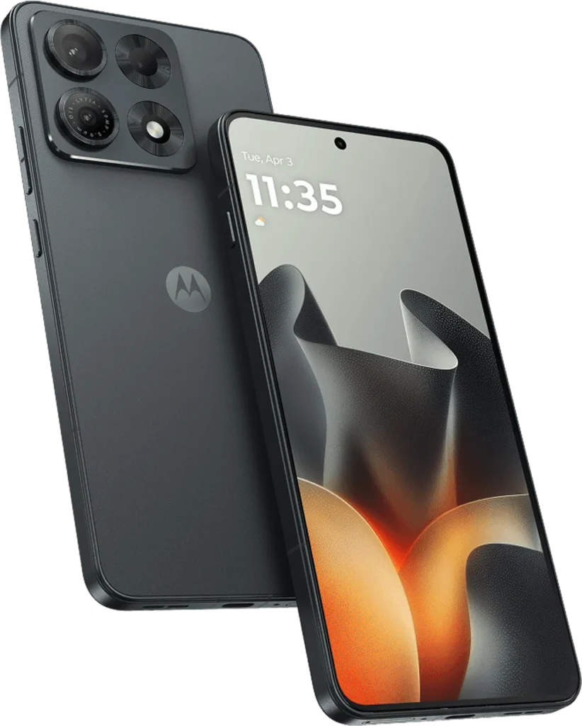 Motorola Edge 70 Max, in Pantone Dark Shadow, front and rear view