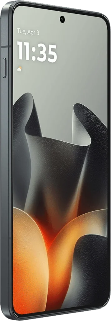Motorola Edge 70 Max, in Pantone Dark Shadow, angled view showing side frame