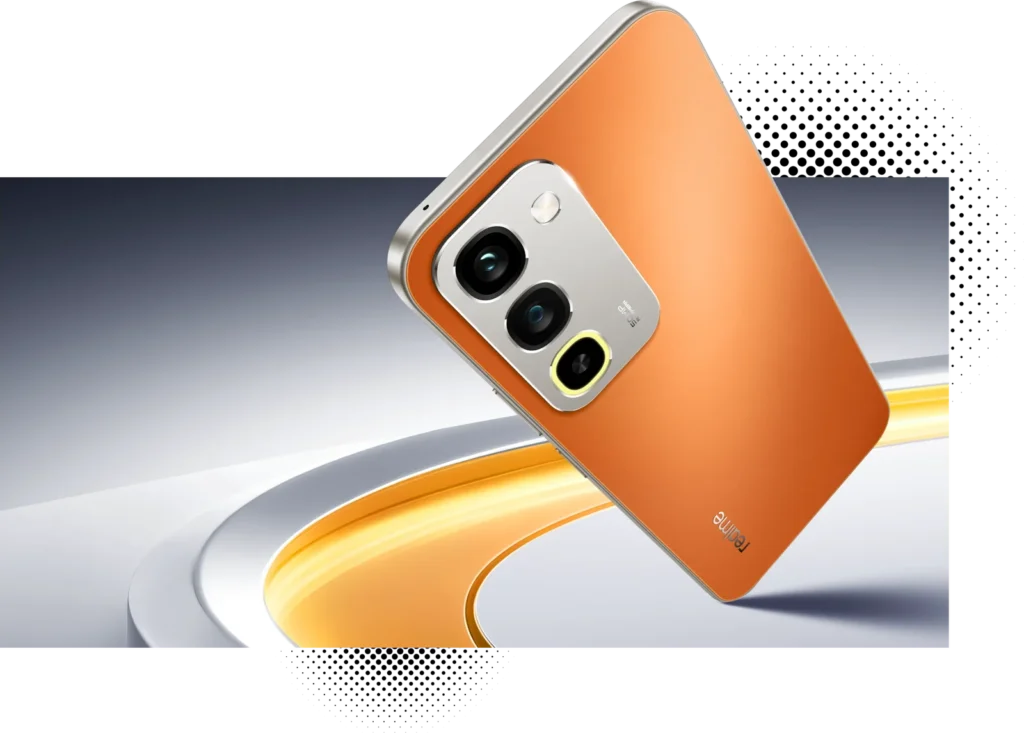 realme NARZO 100x 5G, in Flash Orange, on a curved backdrop