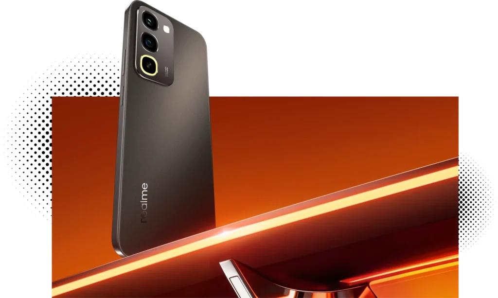 realme NARZO 100x 5G, in Midnight Black, on an orange-lit backdrop