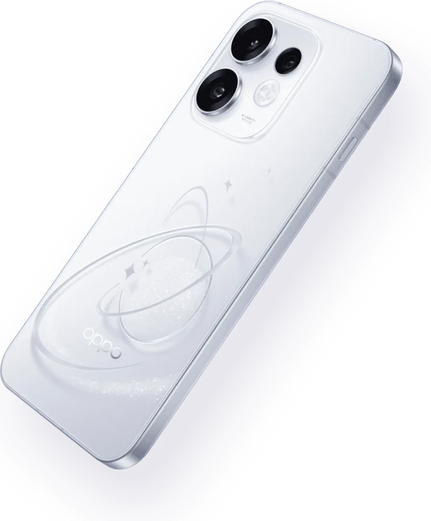 OPPO Reno16 5G, in Starry White, back at an angle