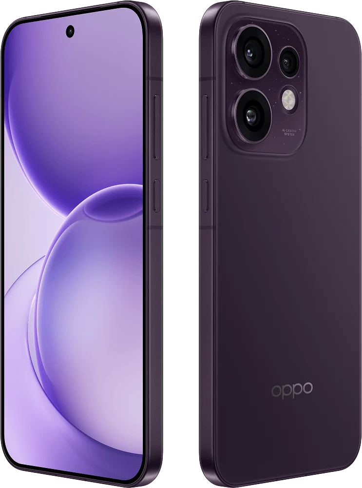OPPO Reno16 5G, in Twilight Violet, front and back at an angle