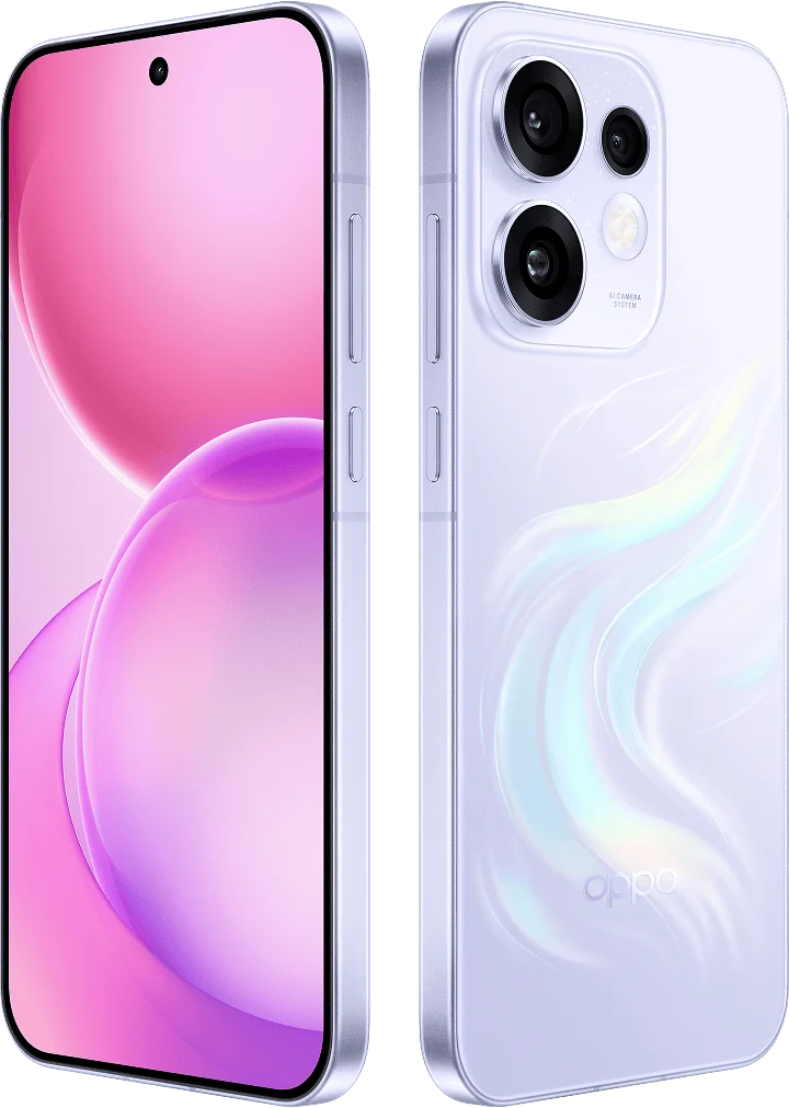 OPPO Reno16 5G, in Stellar Purple, front and back at an angle