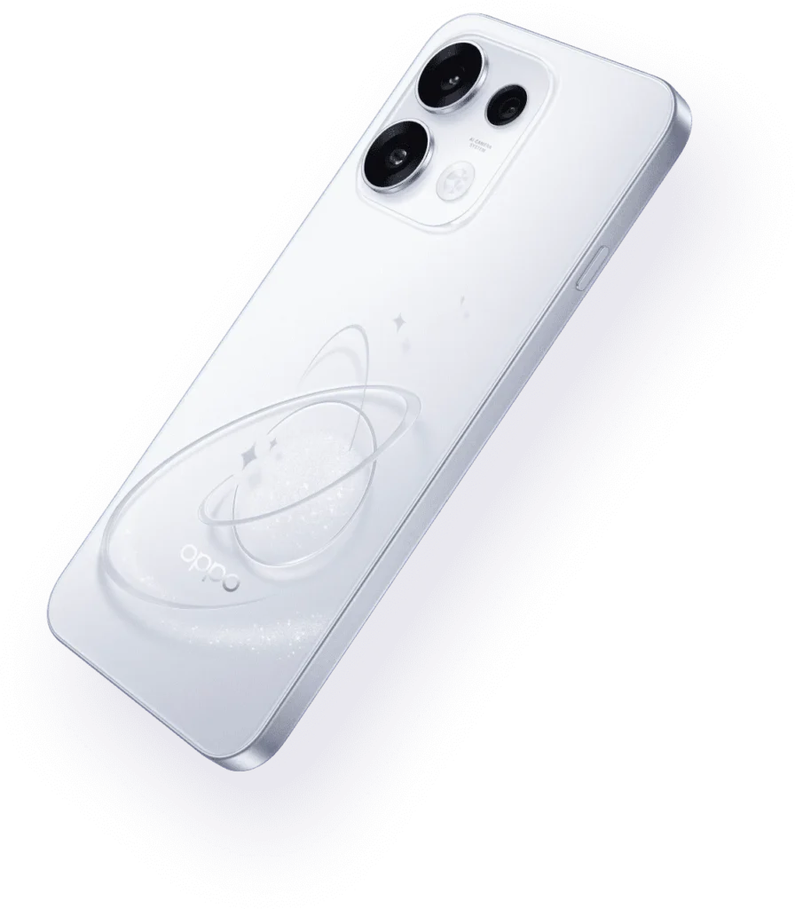 OPPO Reno16c 5G, in Starry White, back at an angle
