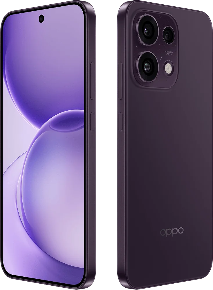 OPPO Reno16c 5G, in Twilight Violet, front and back at an angle