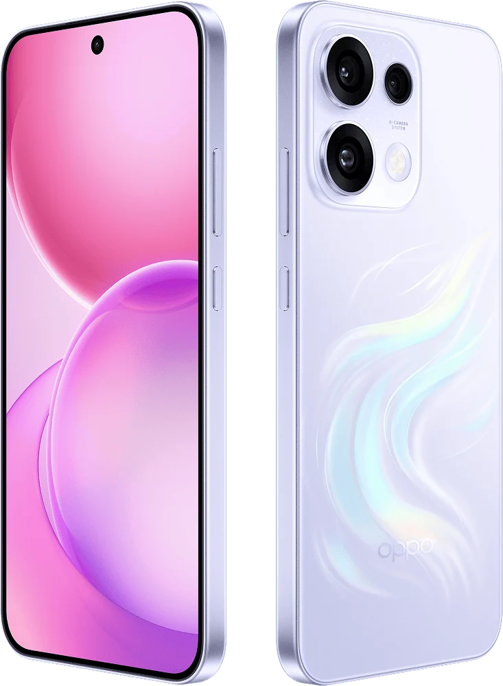 OPPO Reno16c 5G, in Stellar Purple, front and back at an angle