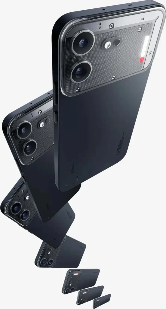 Nothing Phone (4b), in Black, several phones stacked in mid-air