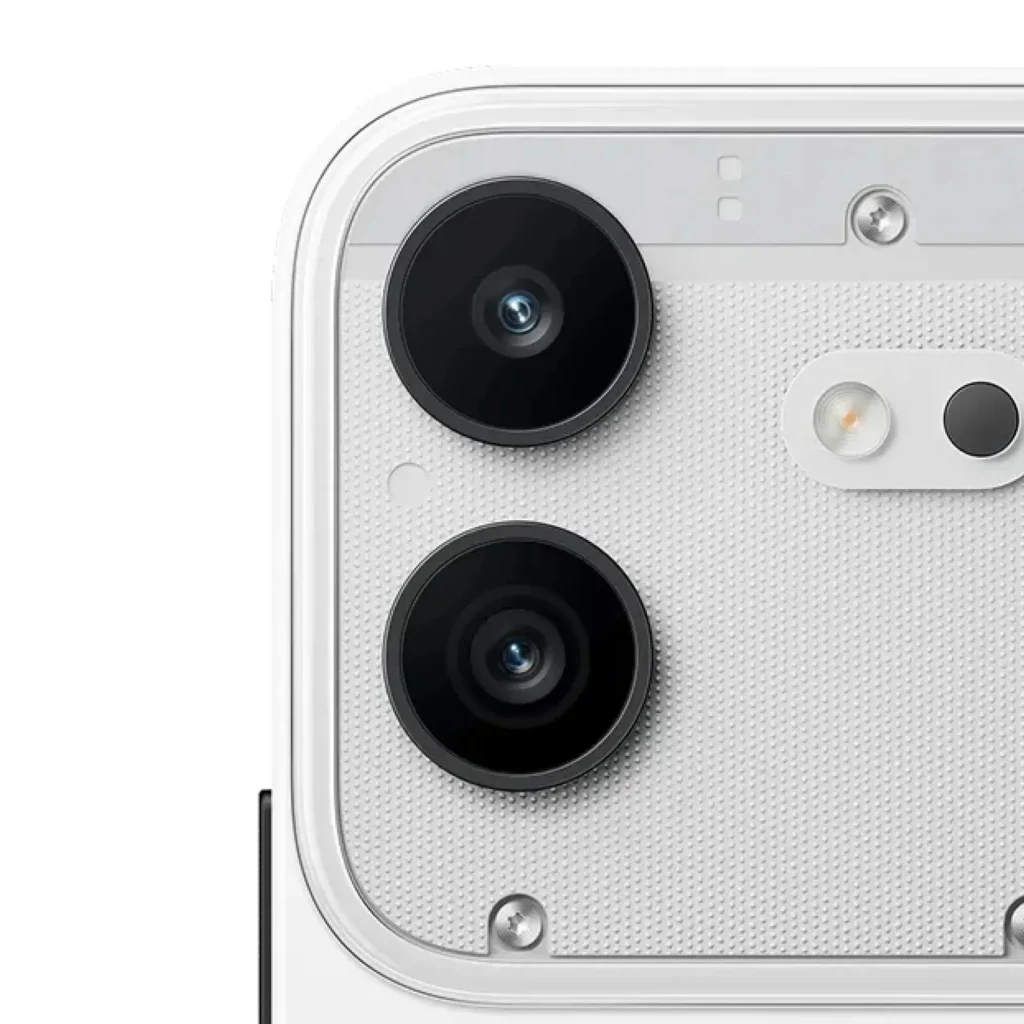 Nothing Phone (4b), the dual rear cameras in White, close up