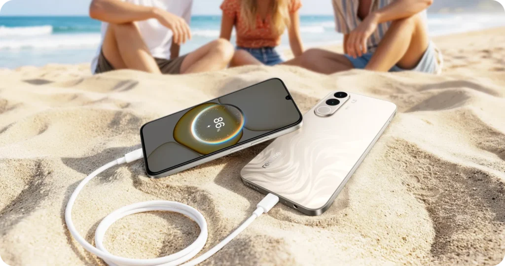 realme C100x, on a beach, charging another phone
