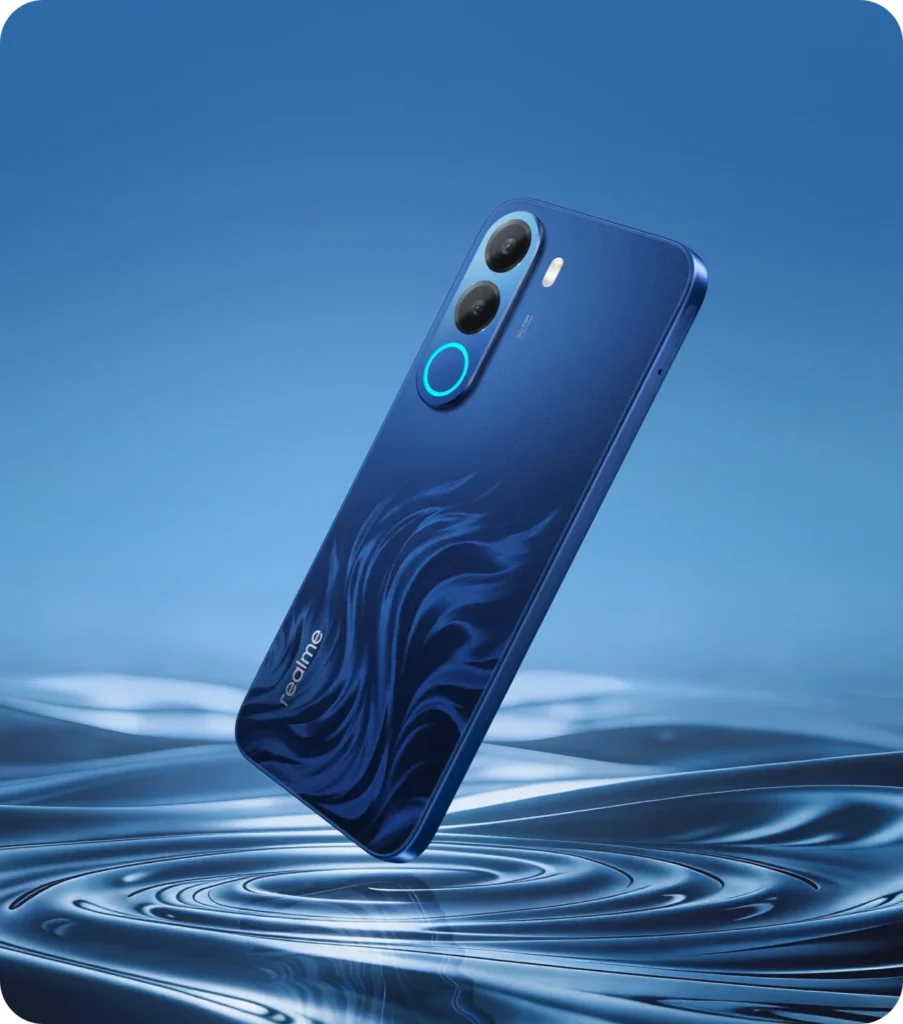realme C100x, in Deepblue Tides, over blue water