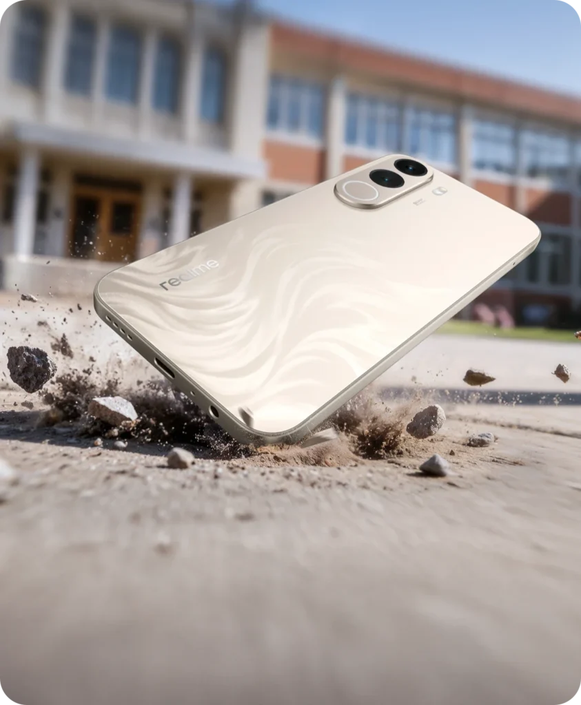 realme C100x, in Golden Coast, landing in dirt