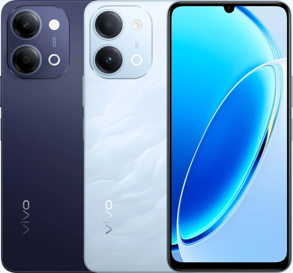 Vivo T5 Lite 44W 5G, in Twilight Shadow and Wave Blue, backs and front