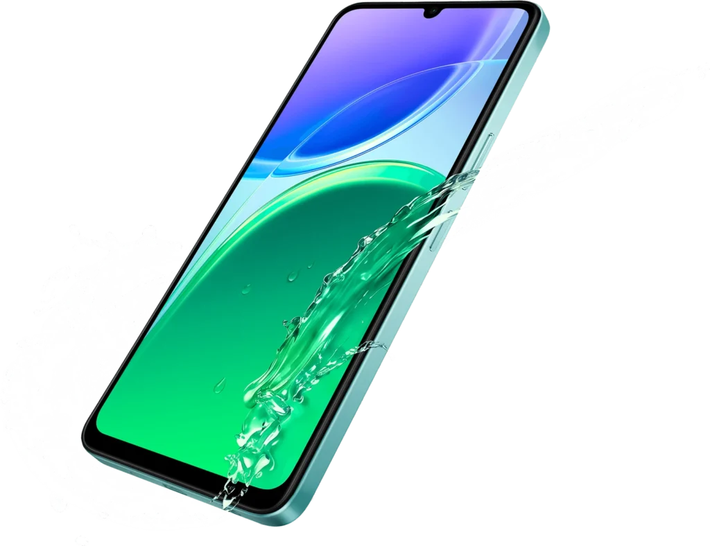 Vivo T5e, front at an angle, with water splashing