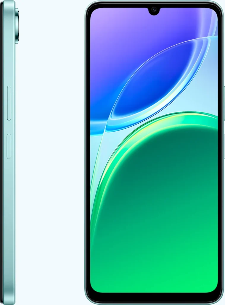 Vivo T5e, in Aero Blue, side and front