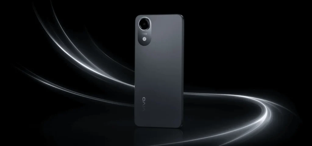 Vivo T5e, in Shadow Grey, on a dark background