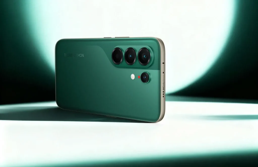 TECNO CAMON 50 Ultra 5G, in Cypress Green, standing on its side