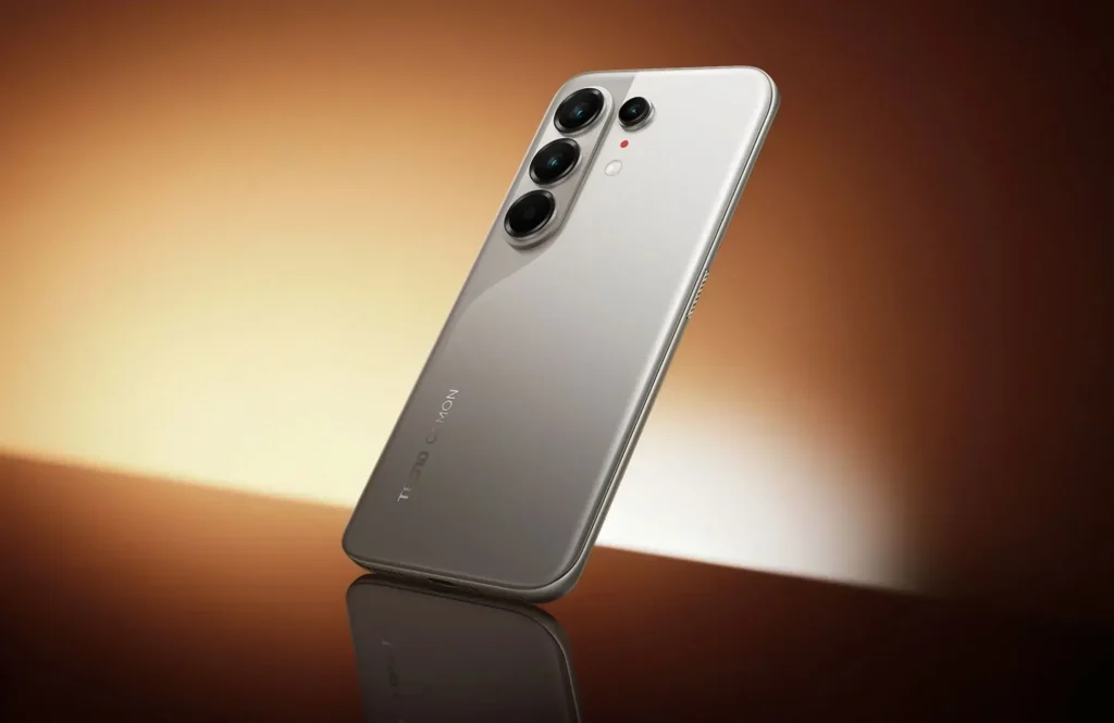 TECNO CAMON 50 Ultra 5G, in Nebula Titanium, standing at an angle