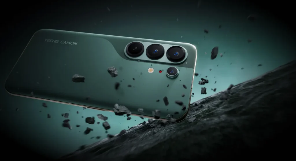 TECNO CAMON 50 Ultra 5G, in Cypress Green, among flying stones