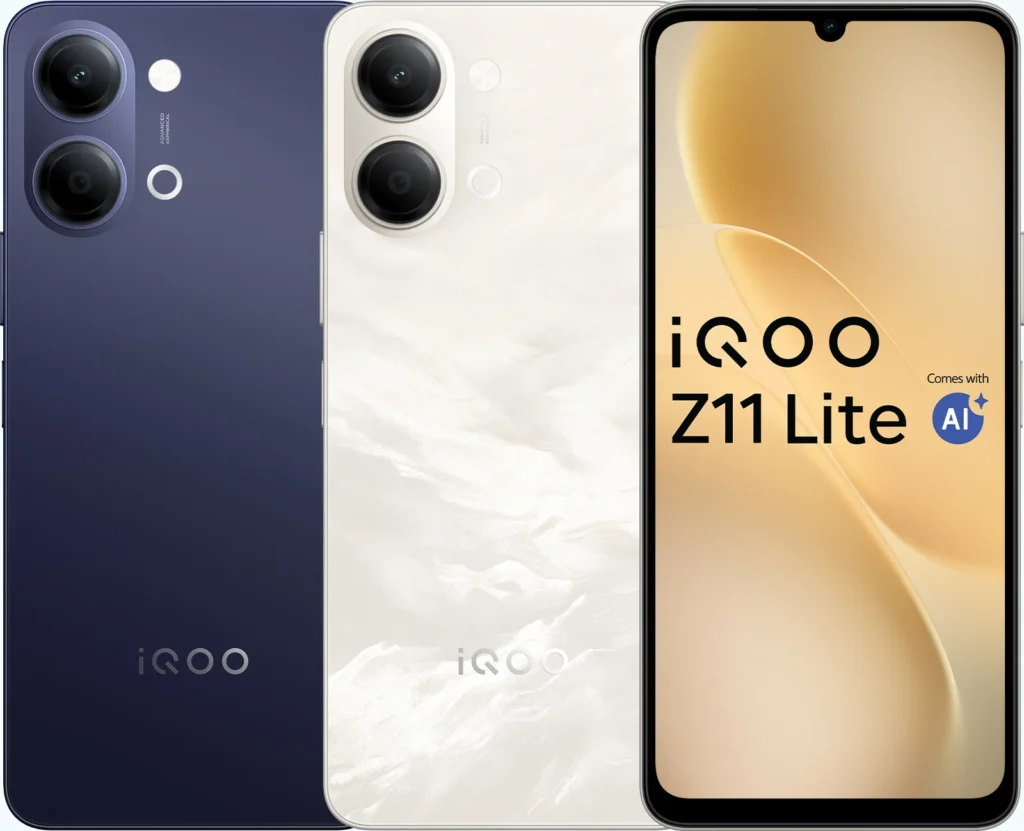 iQOO Z11 Lite 44W 5G, in Midnight Blue, rear panel perspective view