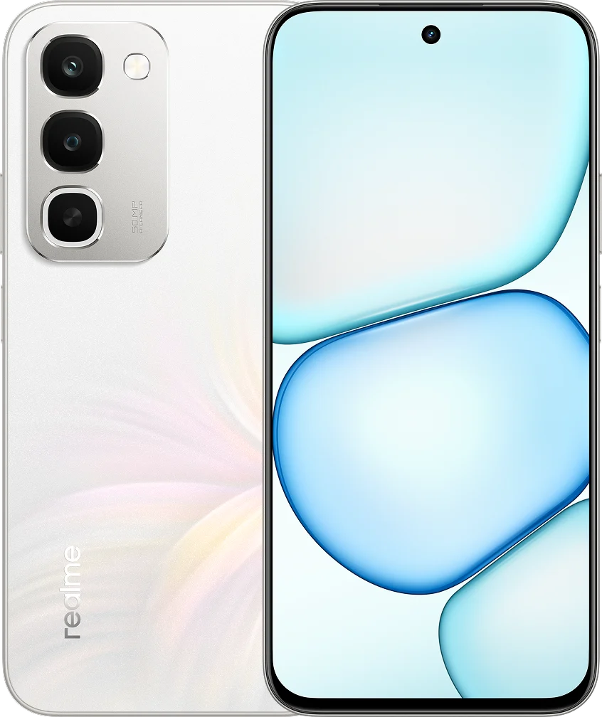 realme 16x 5G, in Glory White, front and back