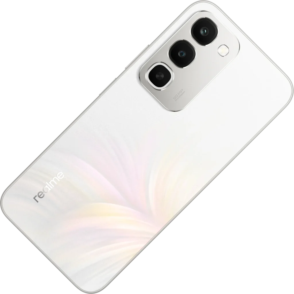 realme 16x 5G, in Glory White, back at an angle