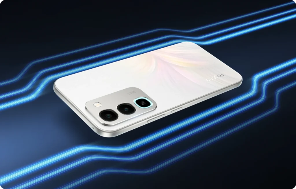 realme 16x 5G, in Glory White, on blue light trails