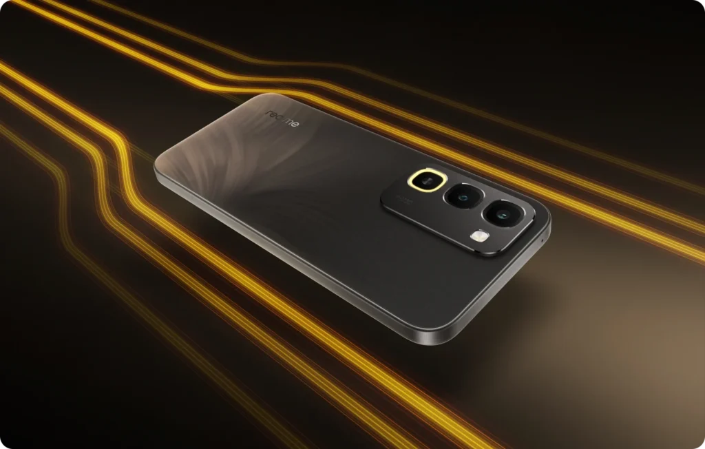 realme 16x 5G, in Endurance Brown, on gold light trails