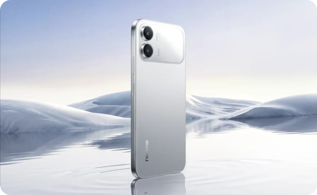 realme C100i, in Skyline Silver, on a snowy landscape