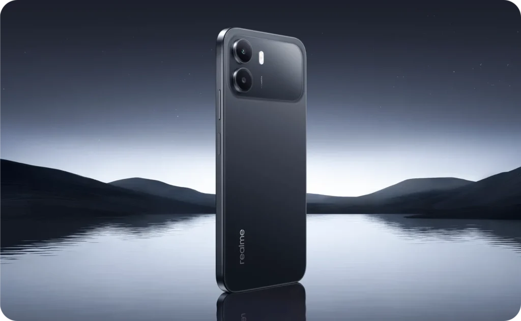 realme C100i, in Midnight Black, on a dark landscape