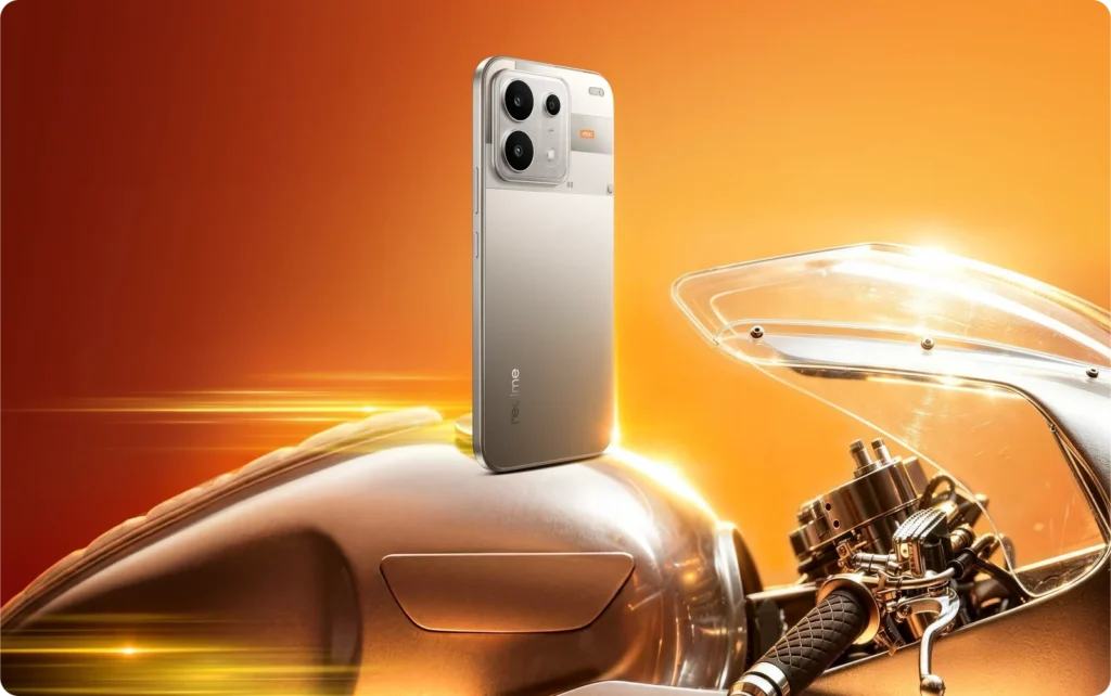 realme P4s 5G, in Titanium Gray, with motorbike parts