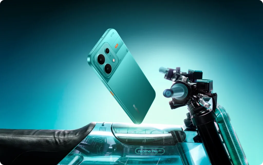 realme P4s 5G, in Electric Cyan, next to a camera rig